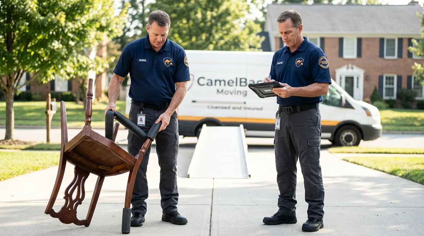Movers inspecting furniture for damage prevention before loading in Athens, OH