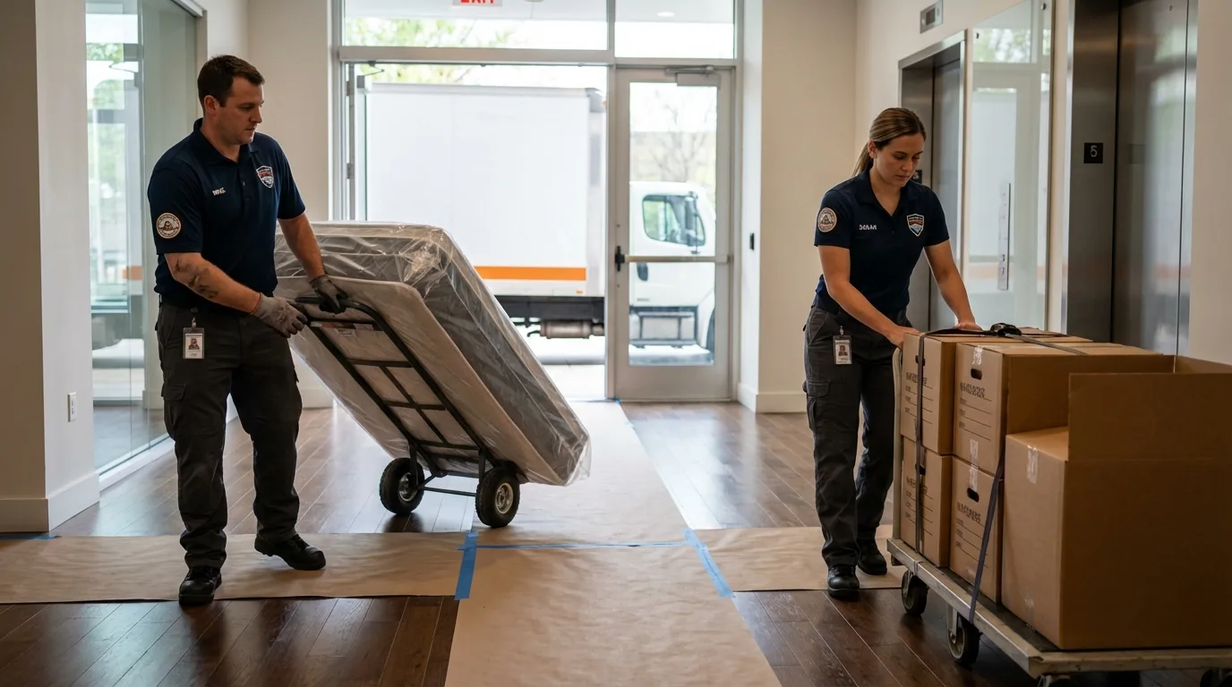 Professional apartment movers loading elevator in Athens, OH