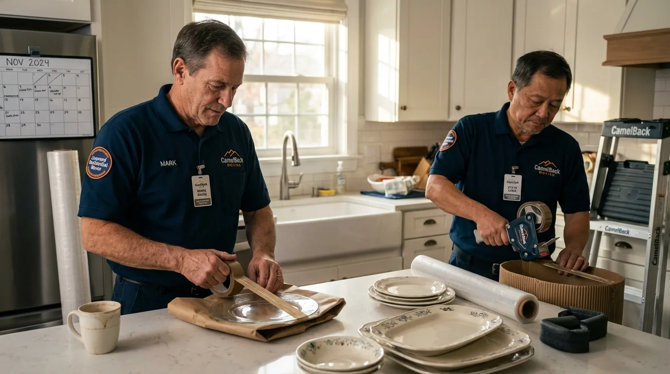 Professional crew packing kitchen dishware in Athens, OH